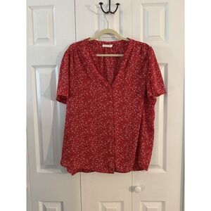 Lush Red Floral Blouse Women's 3X Plus Size Short Sleeve V-Neck Button Front Top